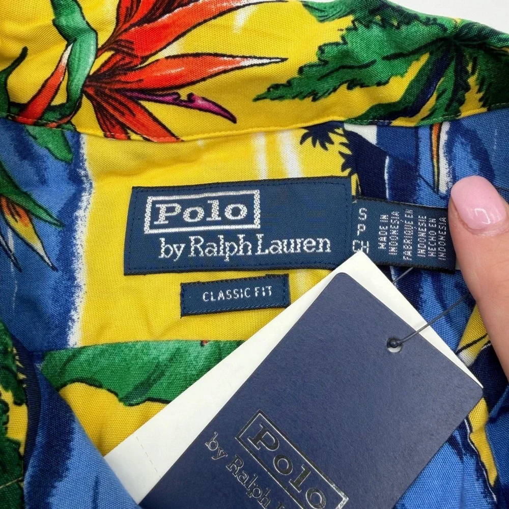 Polo Ralph Lauren Hawaiian Shirt Mens Small Yellow Tropical Sailboat EcoVero NWT